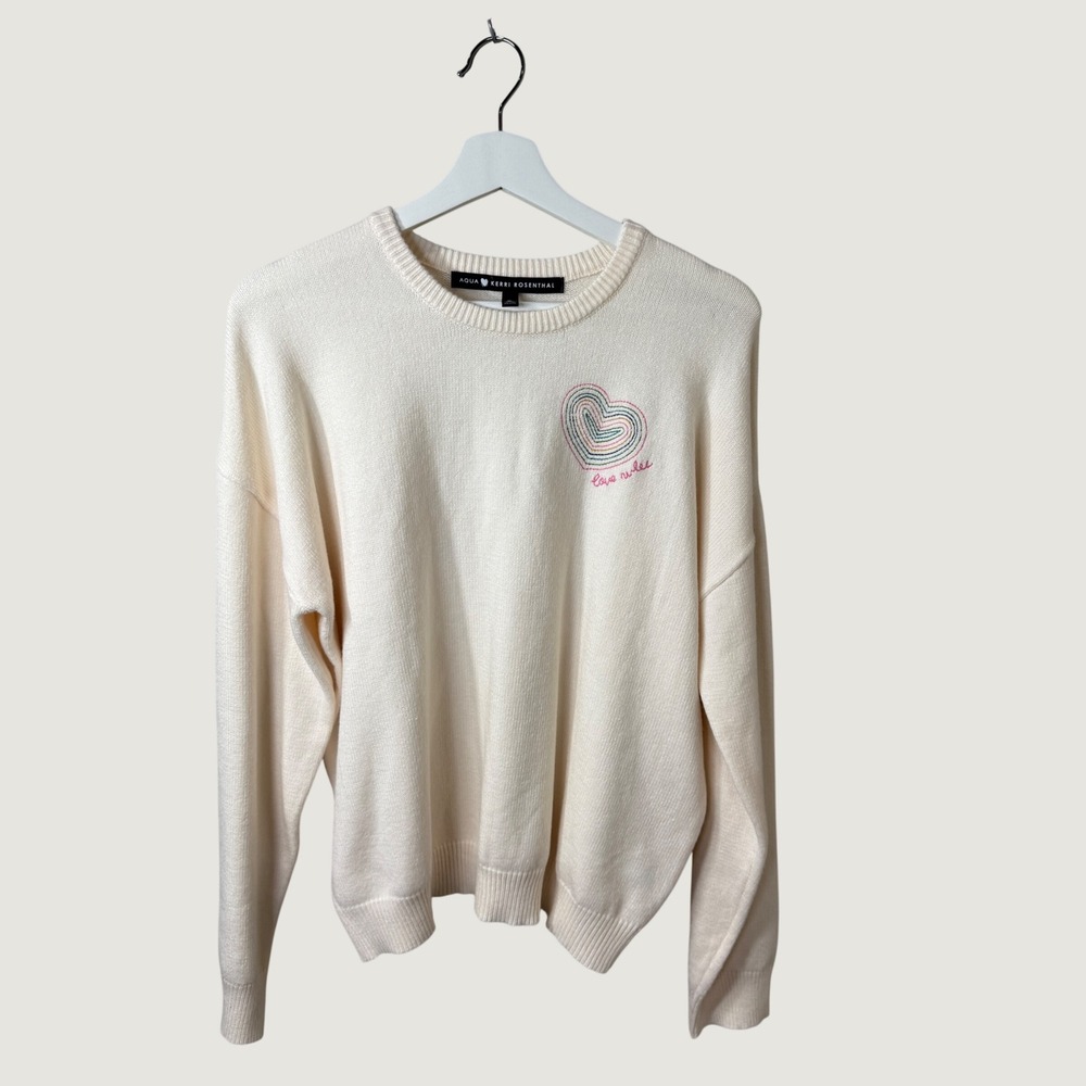 AQUA Kerri Rosenthal Heart Sweater Ivory Cream Preppy Cottage Cozy Fall Size M